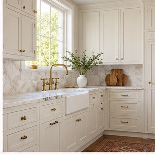 Soft white kitchen cabinets with simple hardware