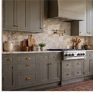 Warm gray kitchen cabinets with a satin sheen