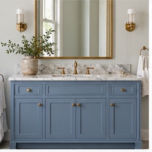 Refinished bathroom vanity in muted blue
