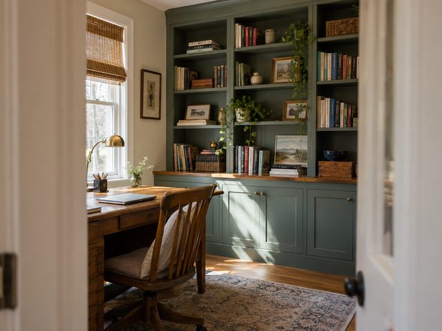 A fitted bookcase in a small home office — Connecticut residential design inspiration