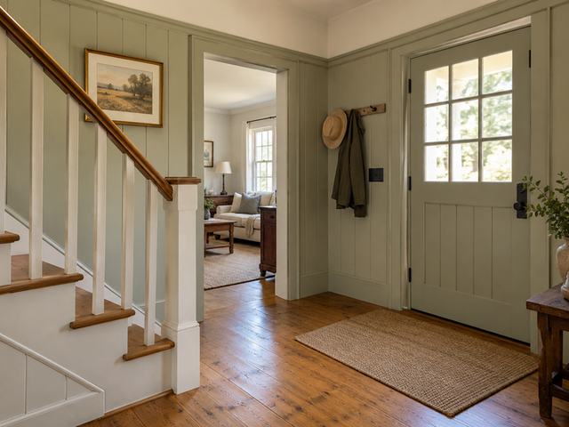 Painted wall paneling in an entry hall — Connecticut residential design inspiration