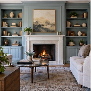 Built-in bookcases beside a living room fireplace