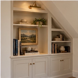 Built-in shelving in a compact alcove