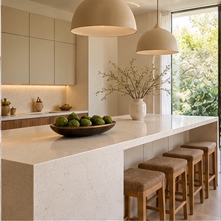Cream quartz kitchen island