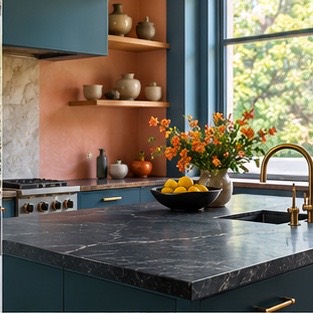 Soapstone worktop in a colorful kitchen