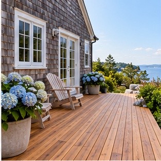 Natural cedar deck beside a shingle home
