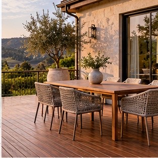 Warm brown deck with a simple dining area
