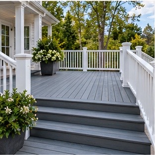 Gray-stained deck with white painted railings