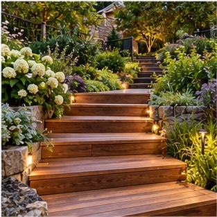Restored timber steps leading into a garden