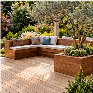 Garden deck with built-in bench seating