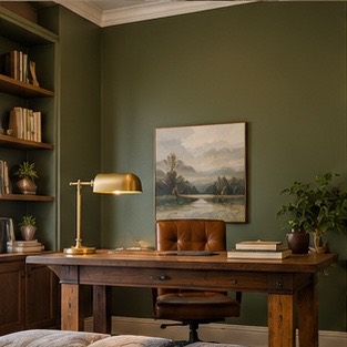 Restored study wall behind a desk