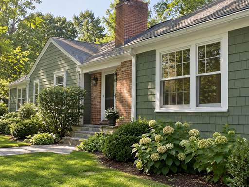 A green cedar-shingle cottage with white trim — Connecticut residential design inspiration