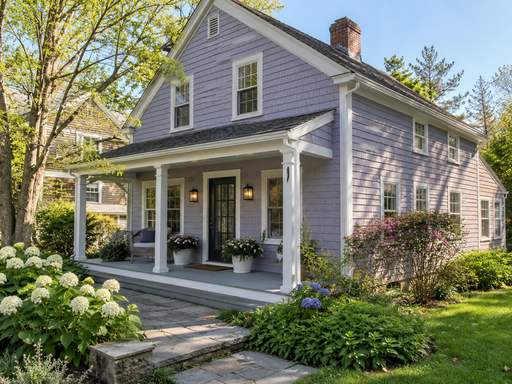 Dusty lavender cottage with a painted front porch — Connecticut residential design inspiration