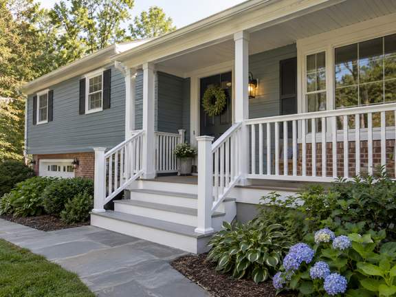 Traditional porch with freshly painted railings — Connecticut residential design inspiration