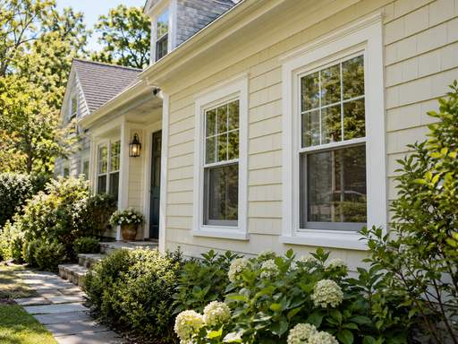 Cream exterior with carefully finished window trim — Connecticut residential design inspiration