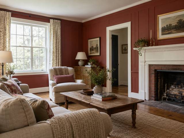 Clay-red paneled living room with white trim — Connecticut residential design inspiration