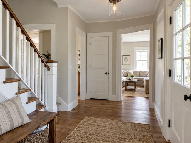 Light neutral entry hall with crisp painted doors — Connecticut residential design inspiration