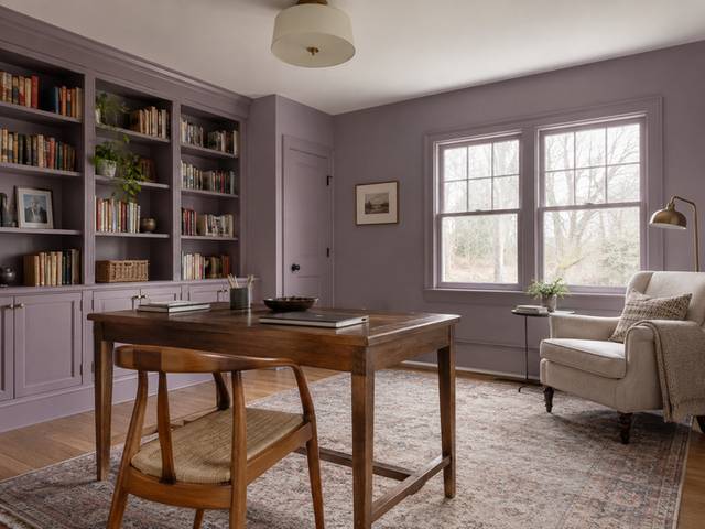Dusty lavender study with coordinated woodwork — Connecticut residential design inspiration