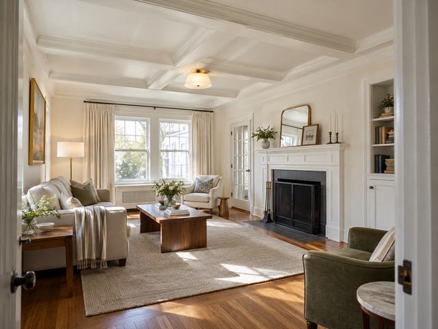 Bright white living room with painted ceiling detail — Connecticut residential design inspiration