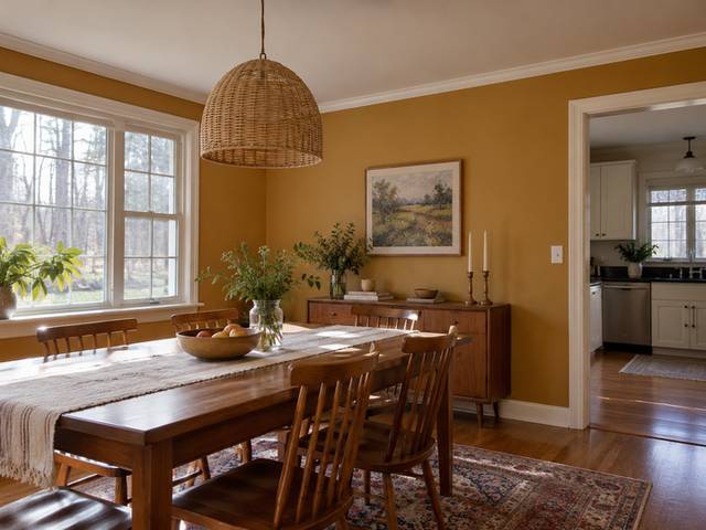 Ochre dining room with refined trim — Connecticut residential design inspiration