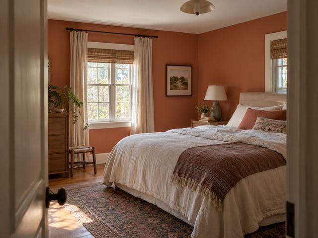 Terracotta bedroom with a calm color palette — Connecticut residential design inspiration