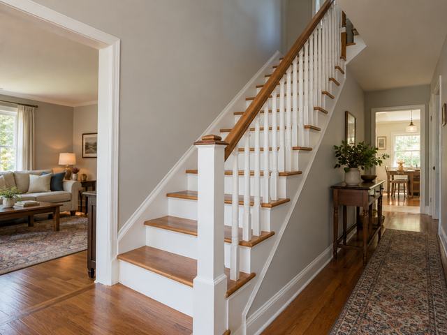 Freshly painted stair hall and balustrade — Connecticut residential design inspiration
