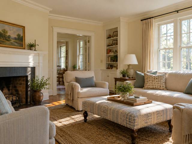 Sunlit sitting room with warm cream walls — Connecticut residential design inspiration