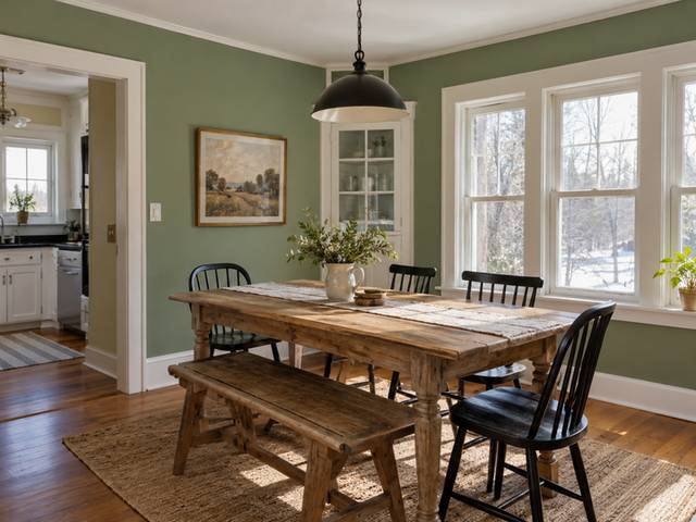 A sage-green breakfast room with white trim — Connecticut residential design inspiration