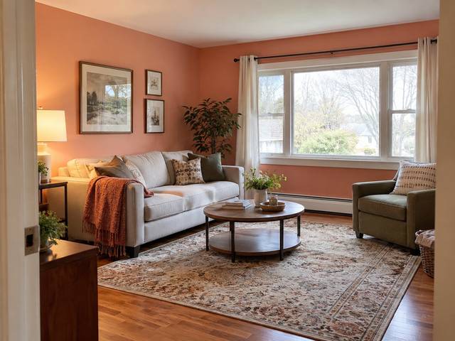 A compact living room with pale coral painted walls — Connecticut residential design inspiration