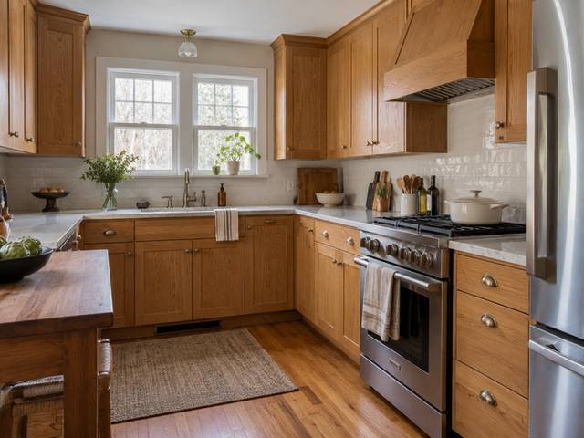 A renovated U-shaped kitchen with natural oak cabinets — Connecticut residential design inspiration