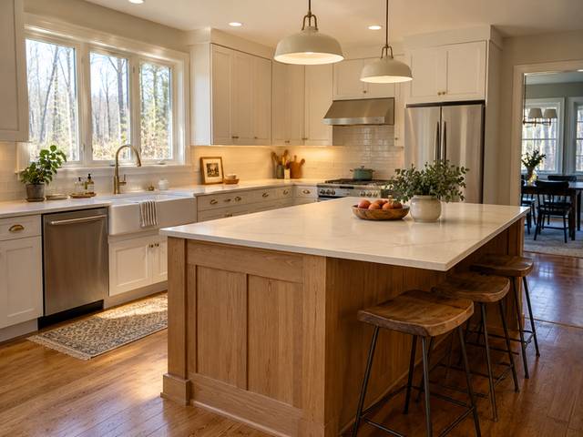 White kitchen with a natural wood island — Connecticut residential design inspiration