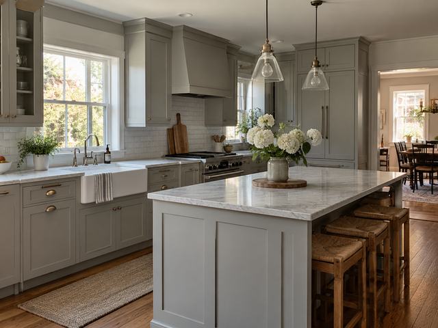 Soft gray kitchen with stone countertops — Connecticut residential design inspiration