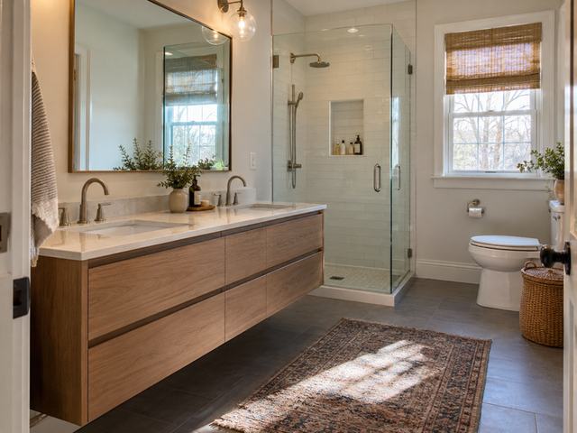 Bathroom with a floating timber vanity — Connecticut residential design inspiration