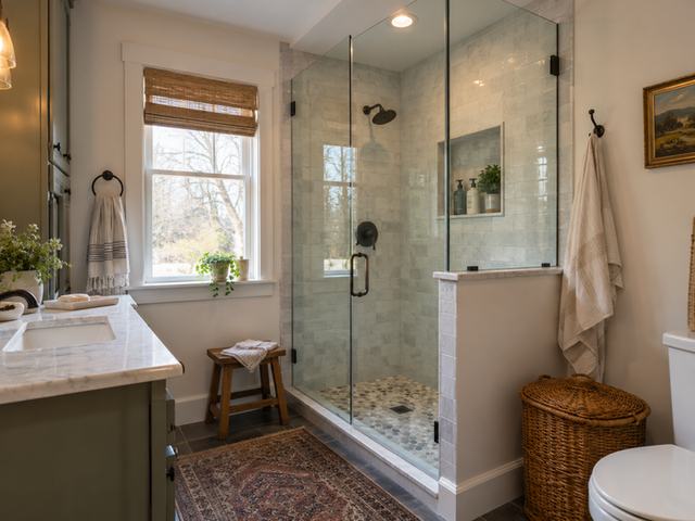 Walk-in shower with a glass enclosure — Connecticut residential design inspiration