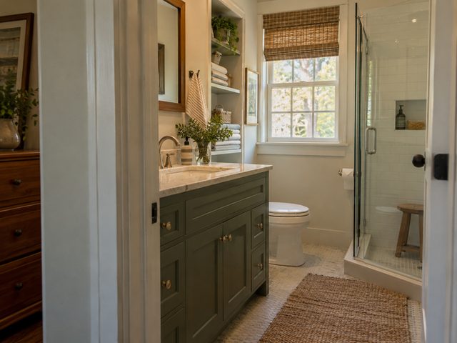 Compact bathroom with thoughtful storage — Connecticut residential design inspiration
