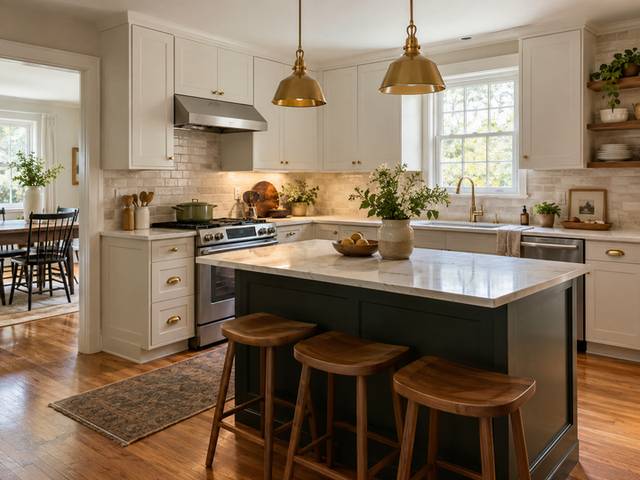 Kitchen with warm brass finishing details — Connecticut residential design inspiration