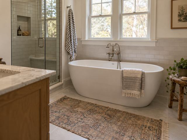 Freestanding bath beside neutral wall tile — Connecticut residential design inspiration