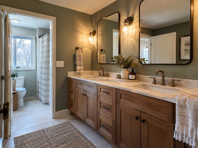 Double vanity with coordinated mirrors and lighting — Connecticut residential design inspiration