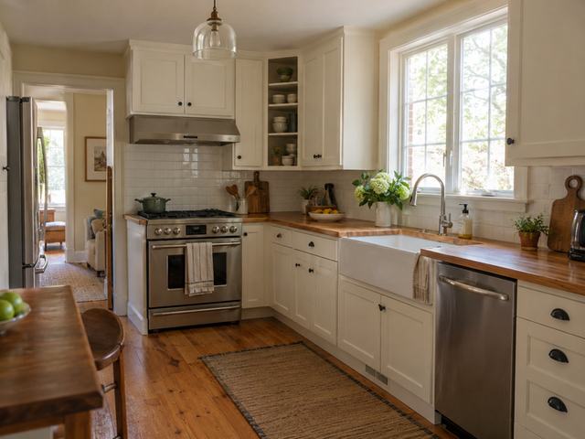 A compact kitchen with warm white cabinets and wood counters — Connecticut residential design inspiration