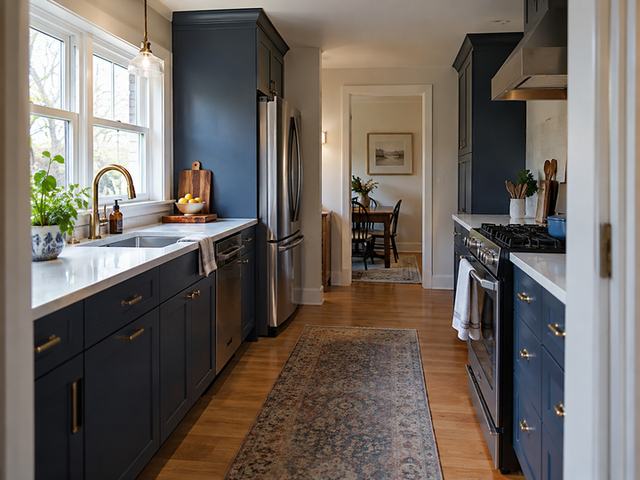 A practical galley kitchen with navy lower cabinets — Connecticut residential design inspiration
