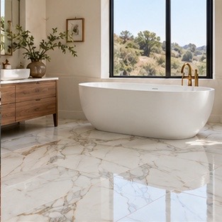 Marble-look porcelain bathroom floor