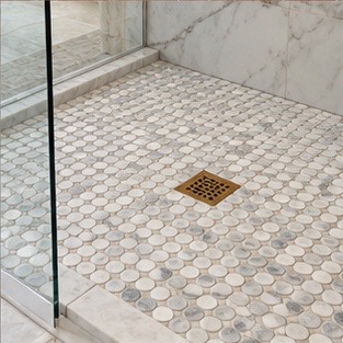 Small-format mosaic shower floor detail