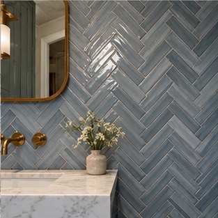 Herringbone tile feature wall in a bathroom