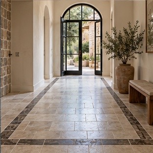 Natural stone tile entryway with a border