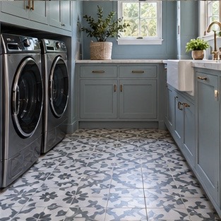 Porcelain laundry room floor with neat transitions