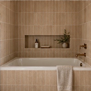 Warm neutral tile tub surround